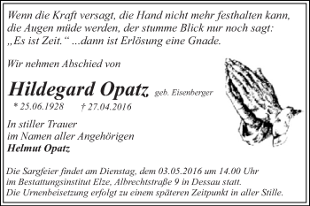 Traueranzeige von Hildegard Opatz von WVG - Wochenspiegel Dessau / Köthen