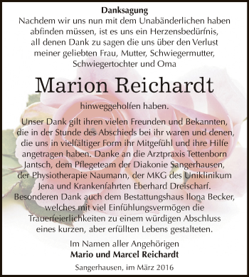 Traueranzeige von Marion Reichardt von Super Sonntag SGH Mansf. Land