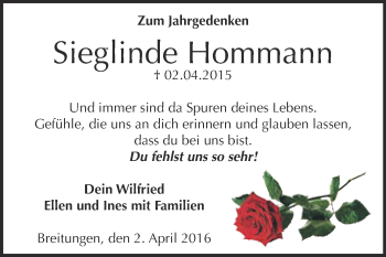 Traueranzeige von Sieglinde Hommann von Super Sonntag SGH Mansf. Land