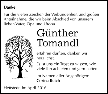 Traueranzeige von Günther Tomandl von Mitteldeutsche Zeitung Mansfelder Land