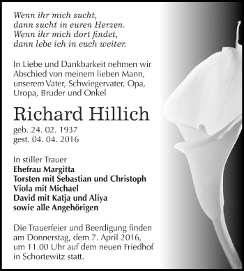 Traueranzeige von Richard Hillich von WVG - Wochenspiegel Dessau / Köthen