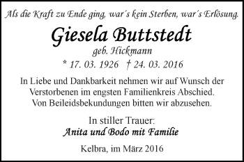 Traueranzeige von Giesela Buttstedt von Super Sonntag SGH Mansf. Land