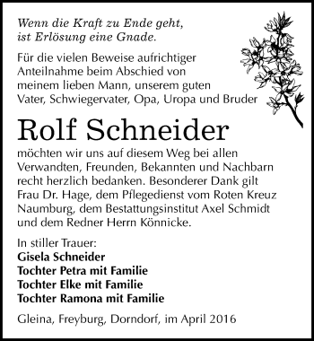 Traueranzeige von Rolf Schneider von Mitteldeutsche Zeitung Naumburg/Nebra