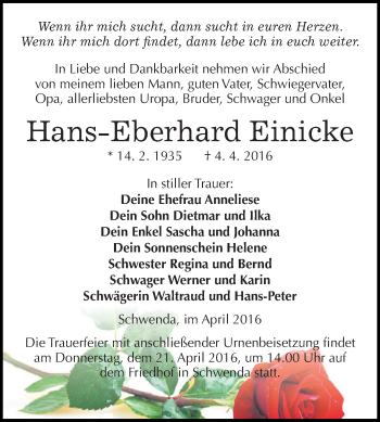 Traueranzeige von Hans-Eberhard Einicke von Super Sonntag SGH Mansf. Land