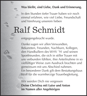 Traueranzeige von Ralf Schmidt von WVG - Wochenspiegel NMB / WSF / ZTZ