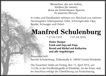 Traueranzeige von Manfred Schulenburg von Mitteldeutsche Zeitung Dessau-Roßlau