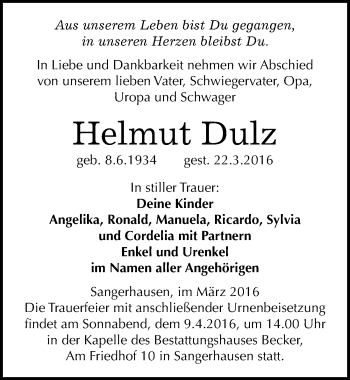 Traueranzeige von Helmut Dulz von Mitteldeutsche Zeitung Sangerhausen