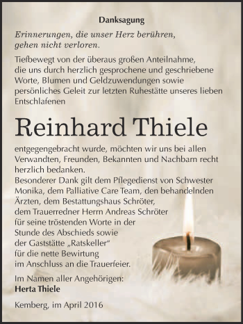 Traueranzeige von Reinhard Thiele von WVG - Wochenspiegel Bitterfeld
