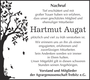 Traueranzeige von Hartmut Augat von WVG - Wochenspiegel Wittenberg