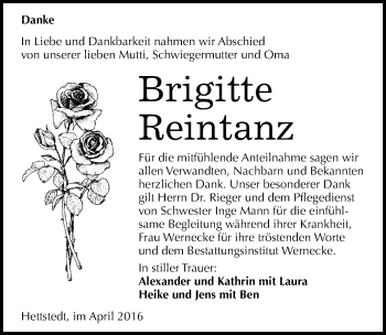 Traueranzeige von Brigitte Reintanz von Mitteldeutsche Zeitung Mansfelder Land