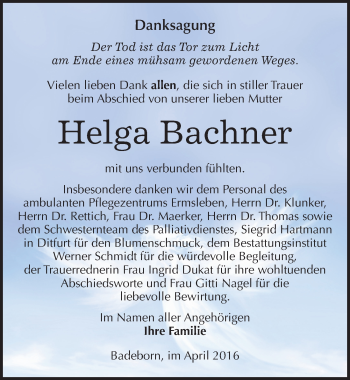 Traueranzeige von Helga Bachner von Mitteldeutsche Zeitung Quedlinburg