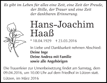 Traueranzeige von Hans-Joachim Haaß von WVG - Wochenspiegel NMB / WSF / ZTZ