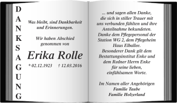 Traueranzeige von Erika Rolle von WVG - Wochenspiegel Dessau / Köthen