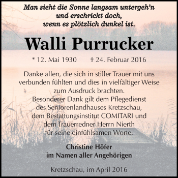 Traueranzeige von Walli Purrucker von Super Sonntag Zeitz