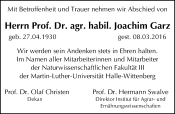Traueranzeige von Joachim Garz von Mitteldeutsche Zeitung Halle/Saalkreis
