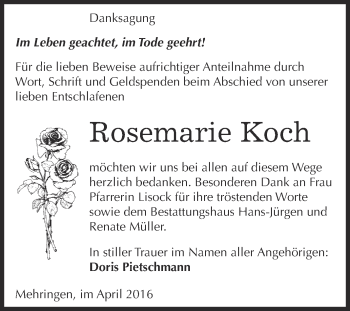 Traueranzeige von Rosemarie Koch von Super Sonntag Aschersleben