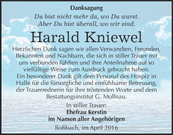 Traueranzeige von Harald Kniewel von WVG - Wochenspiegel Merseburg