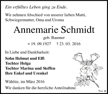 Traueranzeige von Annemarie Schmidt von Mitteldeutsche Zeitung Weißenfels