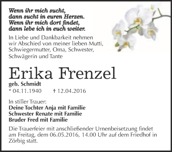 Traueranzeige von Erika Frenzel von WVG - Wochenspiegel Bitterfeld