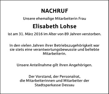 Traueranzeige von Elisabeth Lohse von Mitteldeutsche Zeitung Dessau-Roßlau