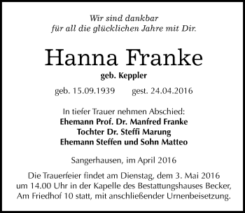 Traueranzeige von Hanna Franke von Mitteldeutsche Zeitung Mansfelder Land