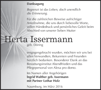 Traueranzeige von Herta Issermann von WVG - Wochenspiegel NMB / WSF / ZTZ