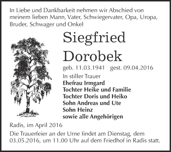 Traueranzeige von Siegfried Dorobek von WVG - Wochenspiegel Wittenberg