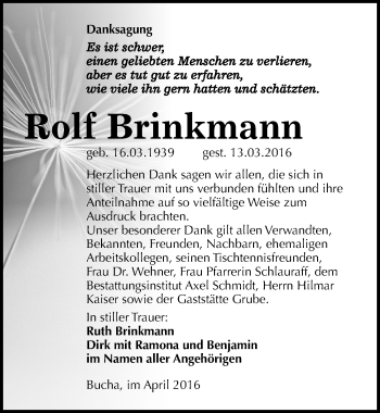 Traueranzeige von Rolf Brinkmann von Mitteldeutsche Zeitung Naumburg/Nebra