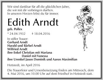 Traueranzeige von Edith Arndt von Wochenspiegel Mansfelder Land