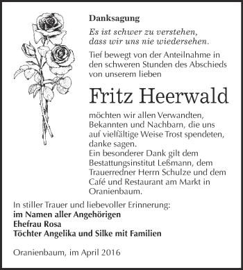 Traueranzeige von Fritz Heerwald von WVG - Wochenspiegel Wittenberg
