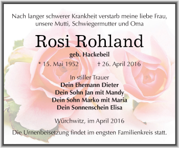Traueranzeige von Rosi Rohland von Super Sonntag Zeitz