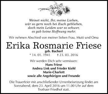Traueranzeige von Erika Rosmarie Friese von Mitteldeutsche Zeitung Halle/Saalkreis