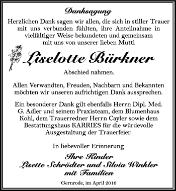 Traueranzeige von Liselotte Bürkner von Mitteldeutsche Zeitung Quedlinburg