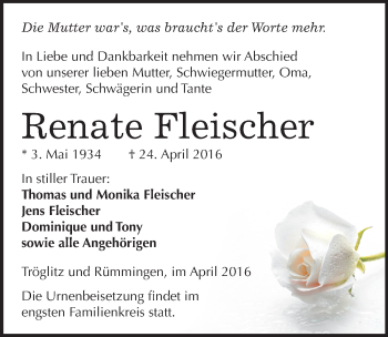 Traueranzeige von Renate Fleischer von Mitteldeutsche Zeitung Zeitz