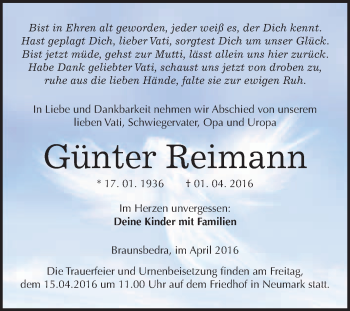 Traueranzeige von Günter Reimann von WVG - Wochenspiegel Merseburg