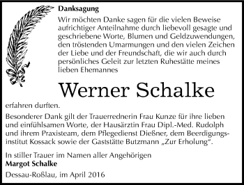 Traueranzeige von Werner Schalke von Mitteldeutsche Zeitung Dessau-Roßlau