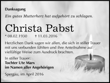 Traueranzeige von Christa Pabst von Mitteldeutsche Zeitung Merseburg/Querfurt