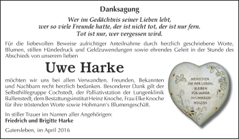 Traueranzeige von Uwe Harke von Super Sonntag Aschersleben