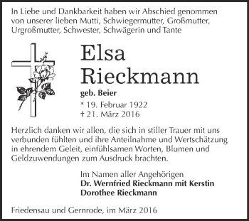 Traueranzeige von Elsa Rieckmann von Super Sonntag Quedlinburg