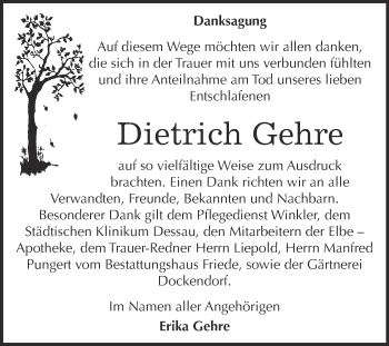 Traueranzeige von Dietrich Gehre von WVG - Wochenspiegel Dessau / Köthen