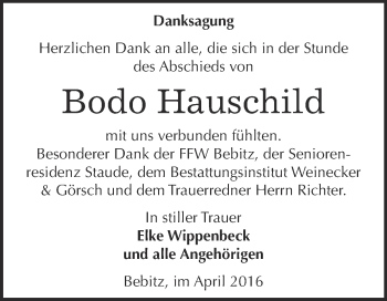 Traueranzeige von Bodo Hauschild von Super Sonntag Bernburg
