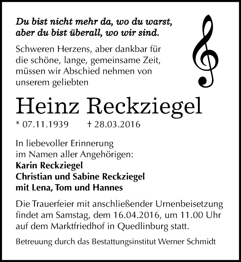  Traueranzeige für Heinz Reckziegel vom 02.04.2016 aus Mitteldeutsche Zeitung Quedlinburg
