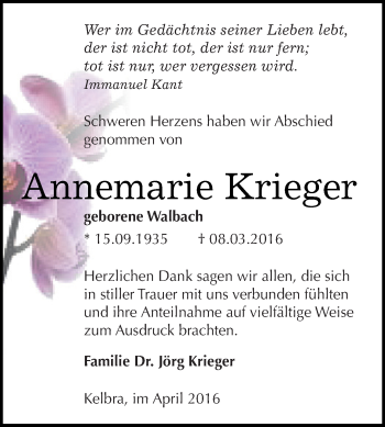 Traueranzeige von Annemarie Krieger von WVG - Wochenspiegel SGH