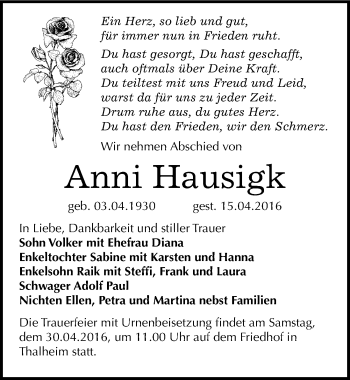 Traueranzeige von Anni Hausigk von Mitteldeutsche Zeitung Bitterfeld