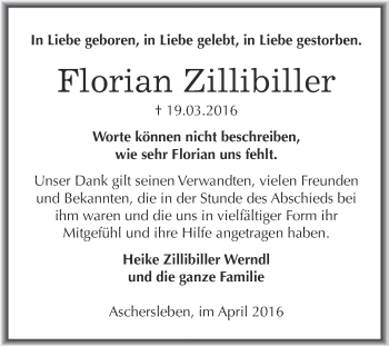 Traueranzeige von Florian Zillibiller von Super Sonntag Aschersleben