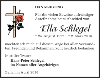 Traueranzeige von Ella Schlegel von Super Sonntag Zeitz