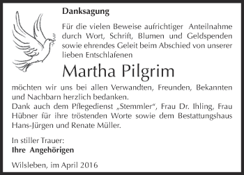 Traueranzeige von Martha Pilgrim von Super Sonntag Aschersleben