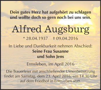Traueranzeige von Alfred Augsburg von Super Sonntag Aschersleben