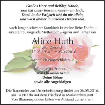 Traueranzeige von Alice Huth von WVG - Wochenspiegel NMB / WSF / ZTZ