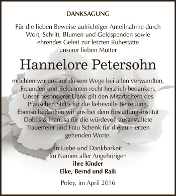 Traueranzeige von Hannelore Petersohn von Super Sonntag Bernburg